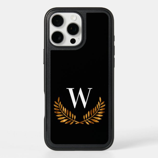 Black gold laurel wreath monogram initial otterbox iPhone case (Back)