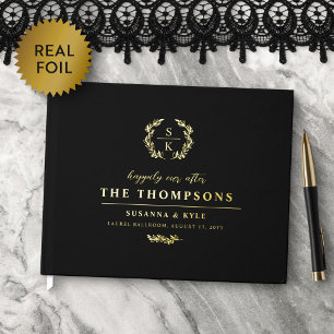 Black Gold Laurel Wreath Monogram Wedding Foil Guest Book