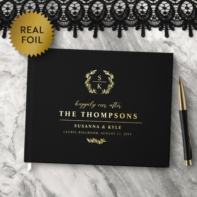 Black Gold Laurel Wreath Monogram Wedding Foil Guest Book (Creator Uploaded)