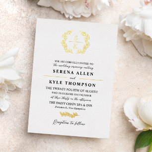 Black Gold Laurel Wreath Monogram Wedding Foil Invitation