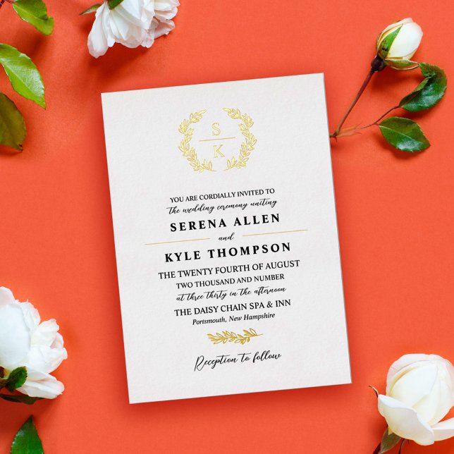 Black Gold Laurel Wreath Monogram Wedding Foil Invitation (Creator Uploaded)