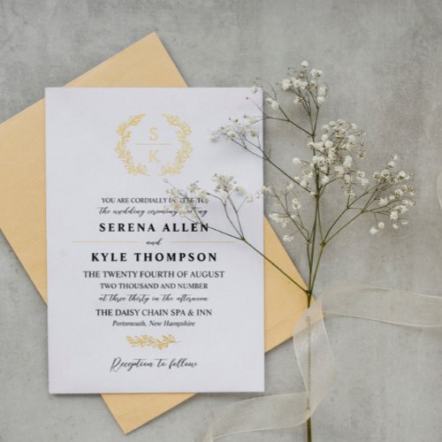 Black Gold Laurel Wreath Monogram Wedding Foil Invitation