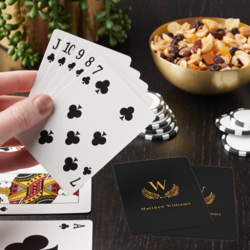 Black gold laurel wreath name monogram poker cards