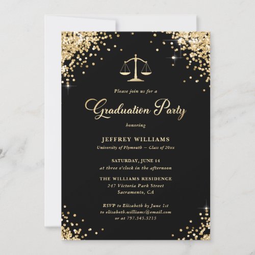 Black Gold Law School Graduation Party Invitation