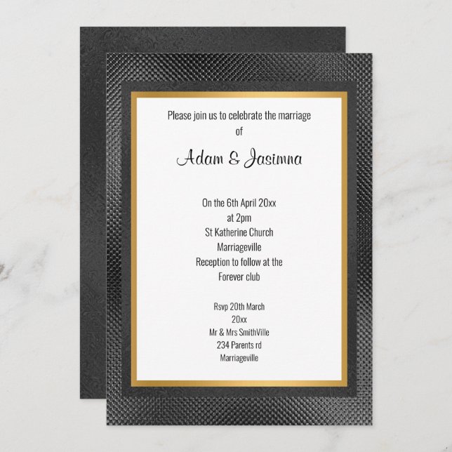 BLACK GOLD LAYERED EMBOSSED WEDDING 2 INVITATION (Front/Back)