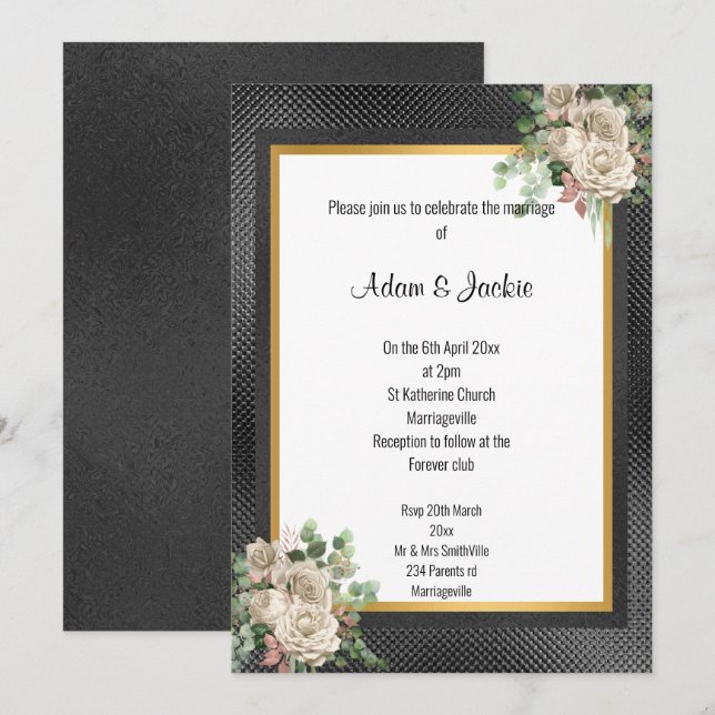 BLACK GOLD LAYERED ROSE EUCALYPTUS WEDDING 2 INVITATION (Front/Back)