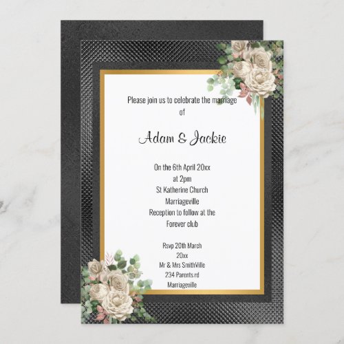 BLACK GOLD LAYERED ROSE EUCALYPTUS WEDDING 2 INVITATION