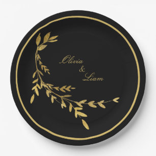 Black Gold Leaf Elegant Name Script Wedding Paper Plates