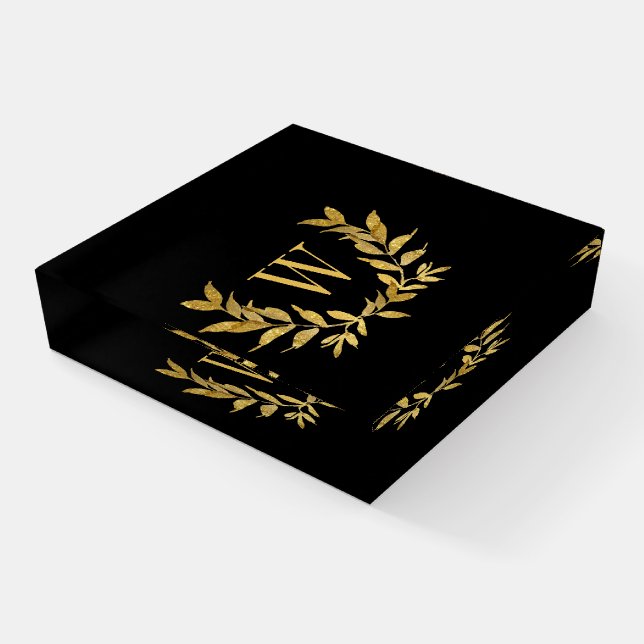 Black Gold Leaf Monogram Elegant Chic Home Office Paperweight (Angled)