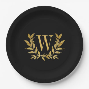 Black Gold Leaf Monogram Elegant Chic Wedding Paper Plates