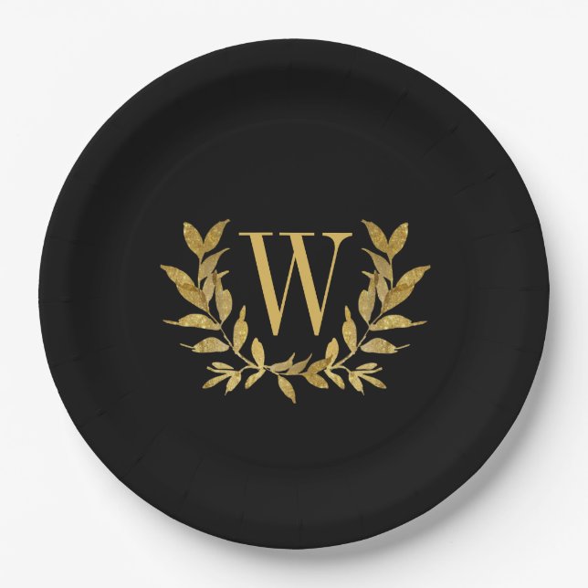 Black Gold Leaf Monogram Elegant Chic Wedding Paper Plates (Front)