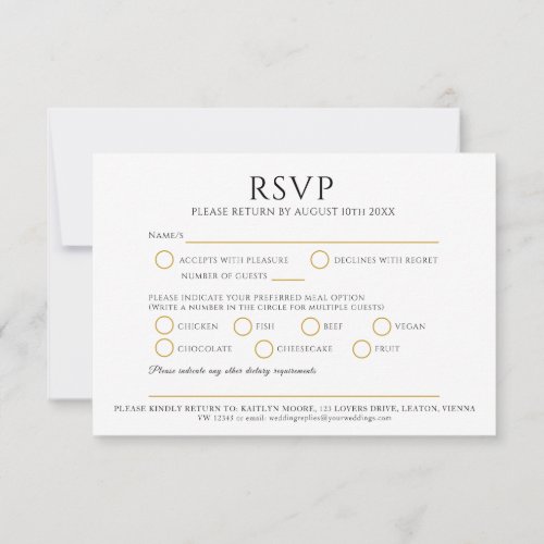 Black gold leaf monogram meal option wedding event RSVP card