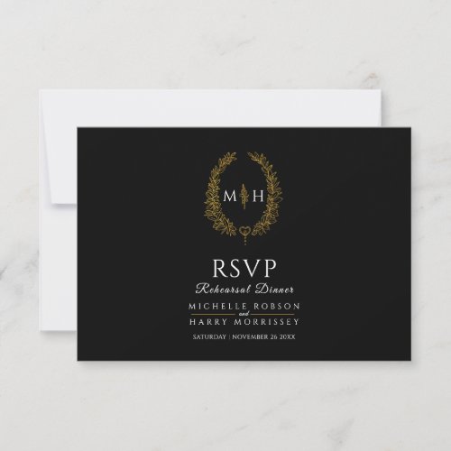 Black gold leaf monogram meals rehearsal dinner RSVP card