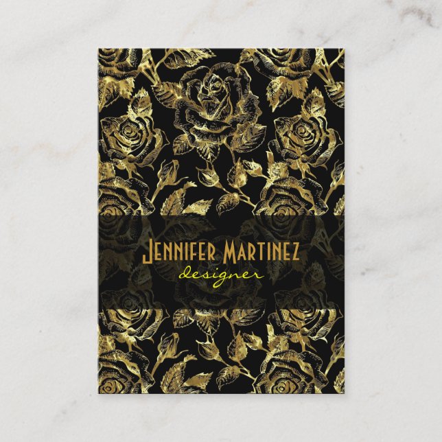 Black & Gold Leaf Vintage Rose Pattern Business Card (Front)