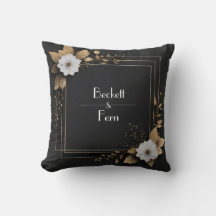 Black Gold Leaf White Flower Glamorous Modern Throw Pillow