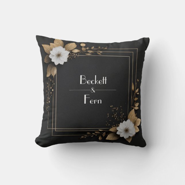 Black Gold Leaf White Flower Glamorous Modern Throw Pillow (Front)