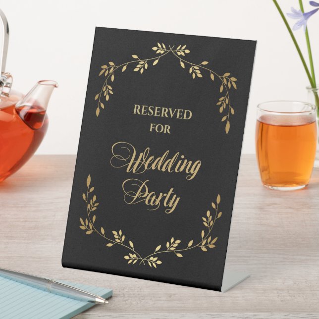 Black Gold Leaf Wreath Wedding Party Reserved Pedestal Sign (In SItu)