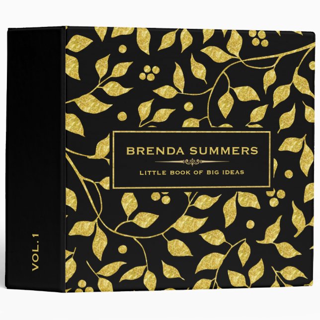 Black & Gold Leafs Pattern 3 Ring Binder (Front/Spine)