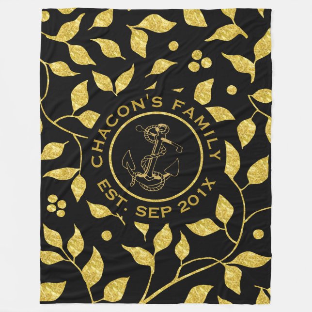 Black & Gold Leafs Seamless Pattern Fleece Blanket (Front)