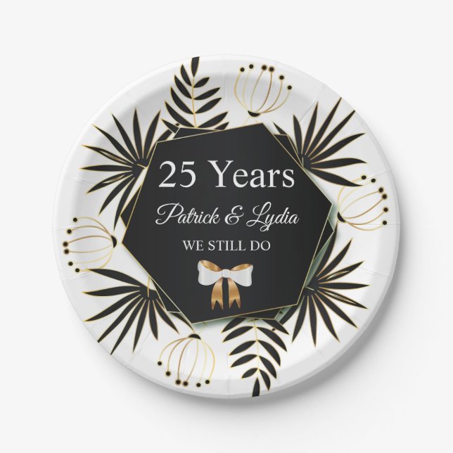 Black & Gold Leafy 25th Anniversary - I STILL DO Paper Plates (Front)