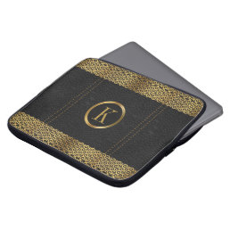 Black &amp; Gold Leather Print Monogram Laptop Sleeve