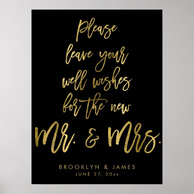 Black Gold Leave Your Well Wishes Wedding Sign (Front)