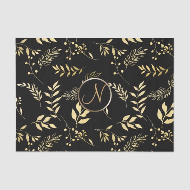 Black Gold Leaves Chic Monogram Letter Initial Tissue Paper (Front)