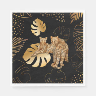 Black gold leaves leopard napkins