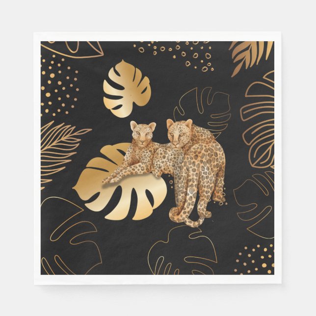 Black gold leaves leopard  napkins (Front)