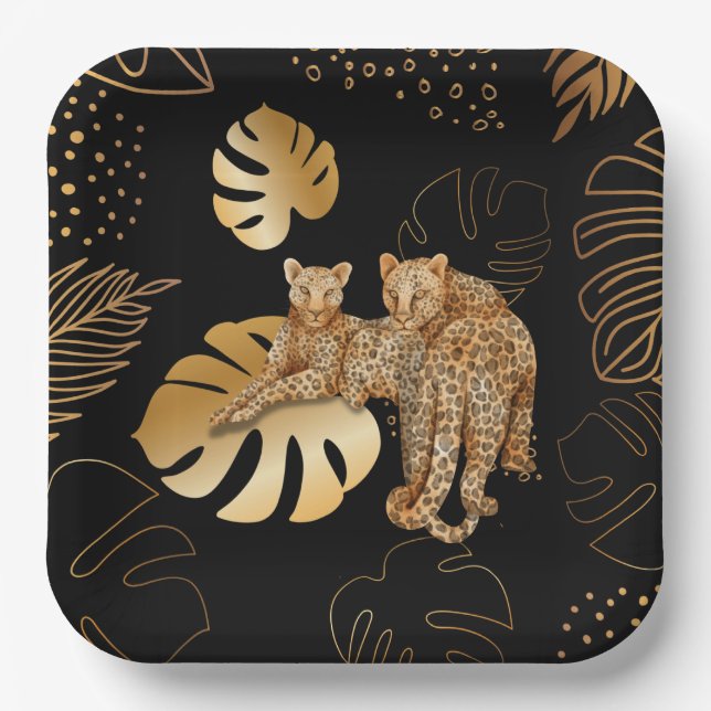 Black gold leaves leopard  paper plates (Front)