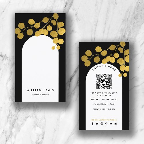 Black  Gold Leaves Modern Arch QR Code  Business Card