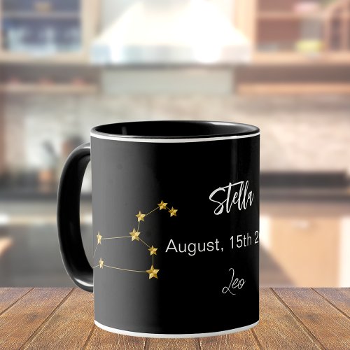 Black gold Leo star constellation birthday Mug