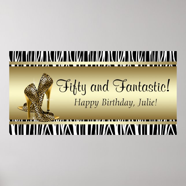 Black Gold Leopard and Zebra Birthday Party Banner Poster (Front)
