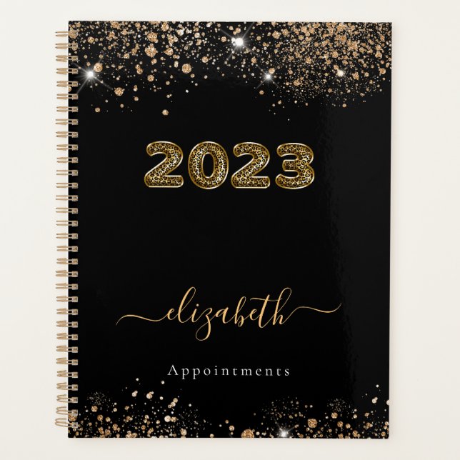 Black gold leopard animal glitter monogram 2023 planner (Front)