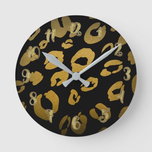 Black  Gold Leopard Cheetah Animal Print Round Clock