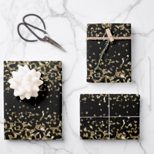 Black Gold Leopard Cheetah Print Glitter Glam Wrapping Paper Sheets
