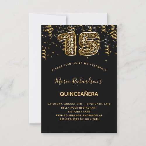 Black gold leopard confetti Quinceanera Invitation