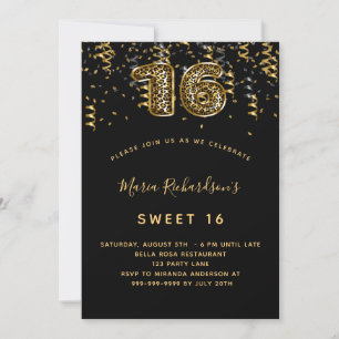 Black gold leopard confetti Sweet 16 Invitation