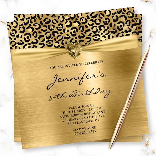 Black Gold Leopard Foil Gem Heart 50th Birthday Invitation