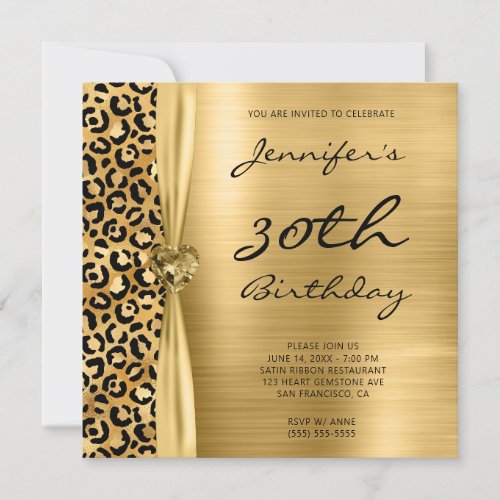 Black Gold Leopard Foil Gem Ribbon 30th Birthday Invitation