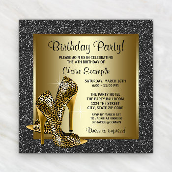 Black Gold Leopard High Heel Birthday Party Invitation by Pure_Elegance at Zazzle