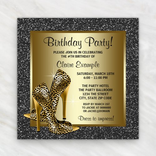 Black Gold Leopard High Heel Birthday Party Invitation