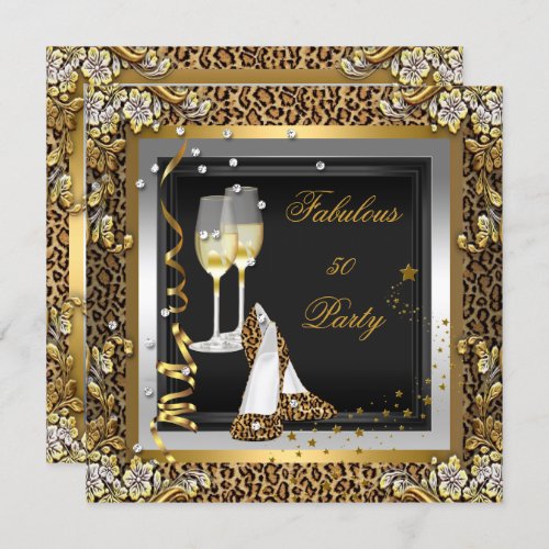 Black Gold Leopard High Heels Champagne Birthday Invitation