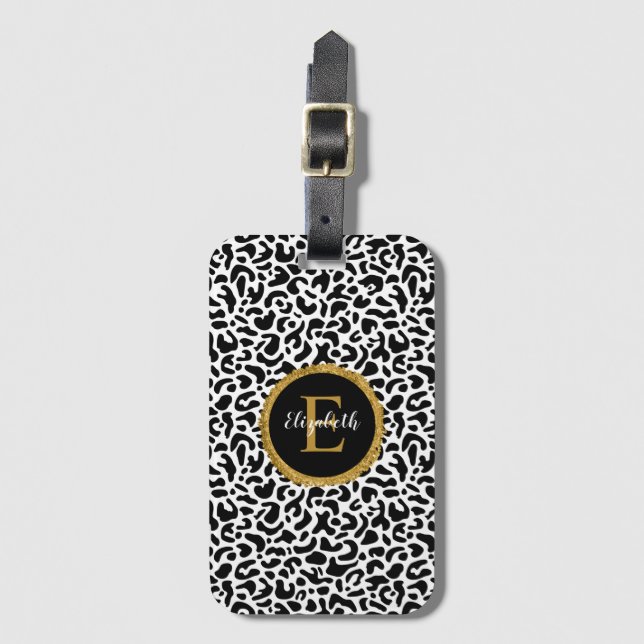 Black Gold Leopard Monogram Luggage Tag (Front Vertical)