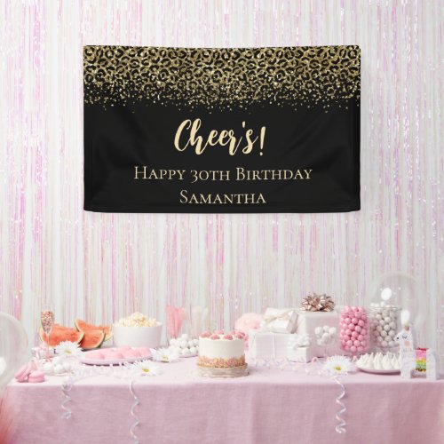 Black Gold Leopard Print Glitter Birthday  Banner