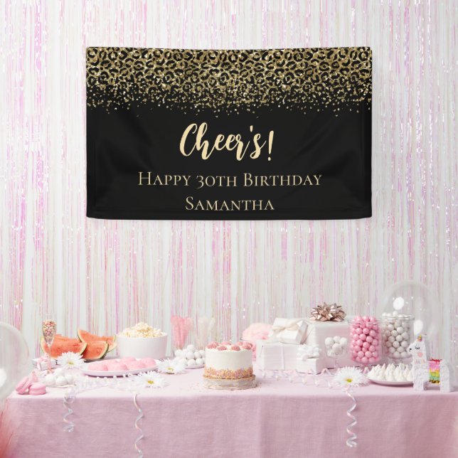 Black Gold Leopard Print Glitter Birthday  Banner (Party)