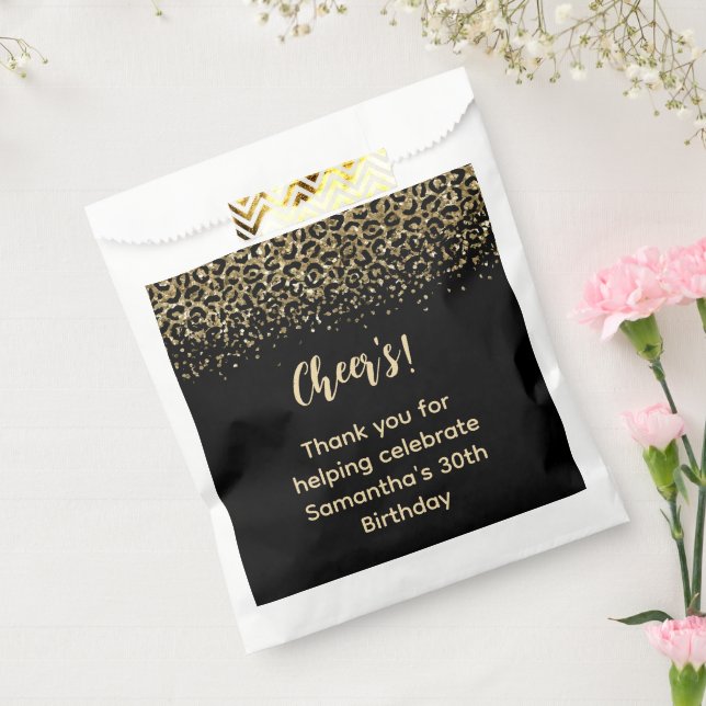 Black Gold Leopard Print Glitter Birthday  Favor Bag (Sealed)