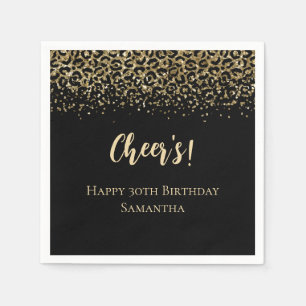 Black Gold Leopard Print Glitter Birthday Napkins