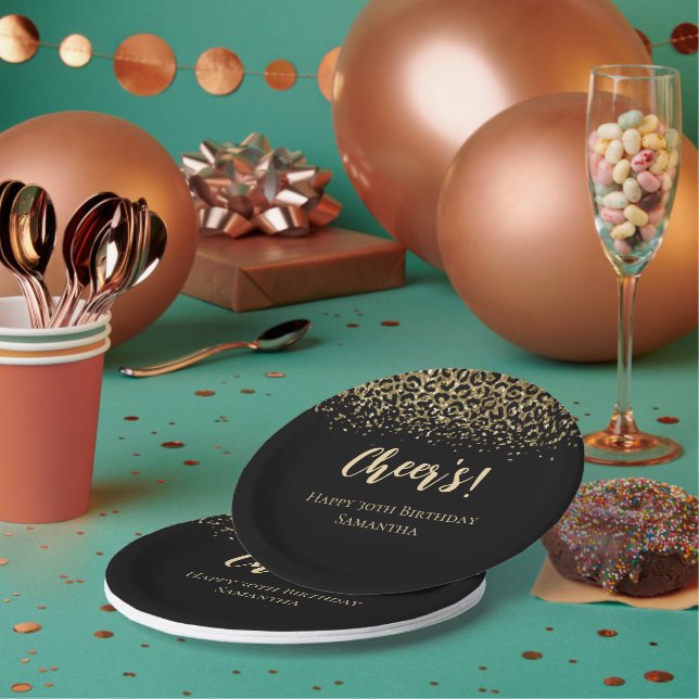 Black Gold Leopard Print Glitter Birthday  Paper Plates (Multi)