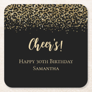 Black Gold Leopard Print Glitter Birthday Square Paper Coaster